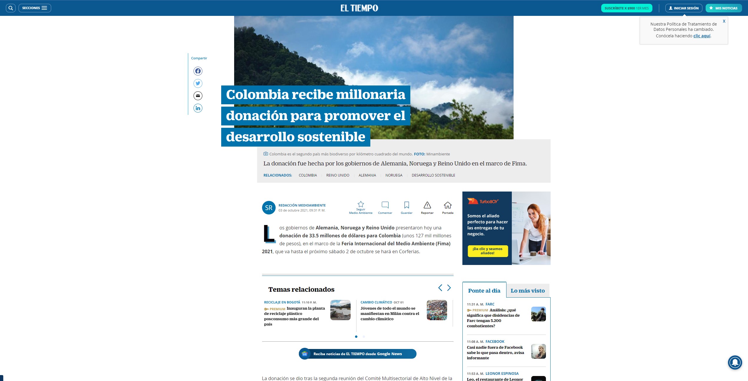 Captura de pantalla del sitio web de la noticia
