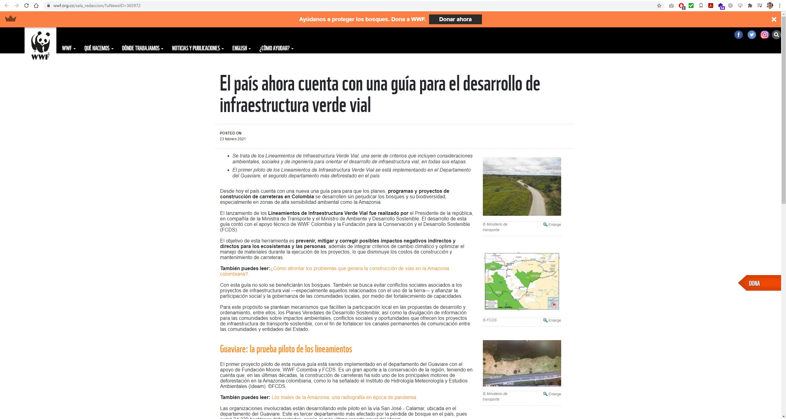 Captura de pantalla del sitio web de la noticia