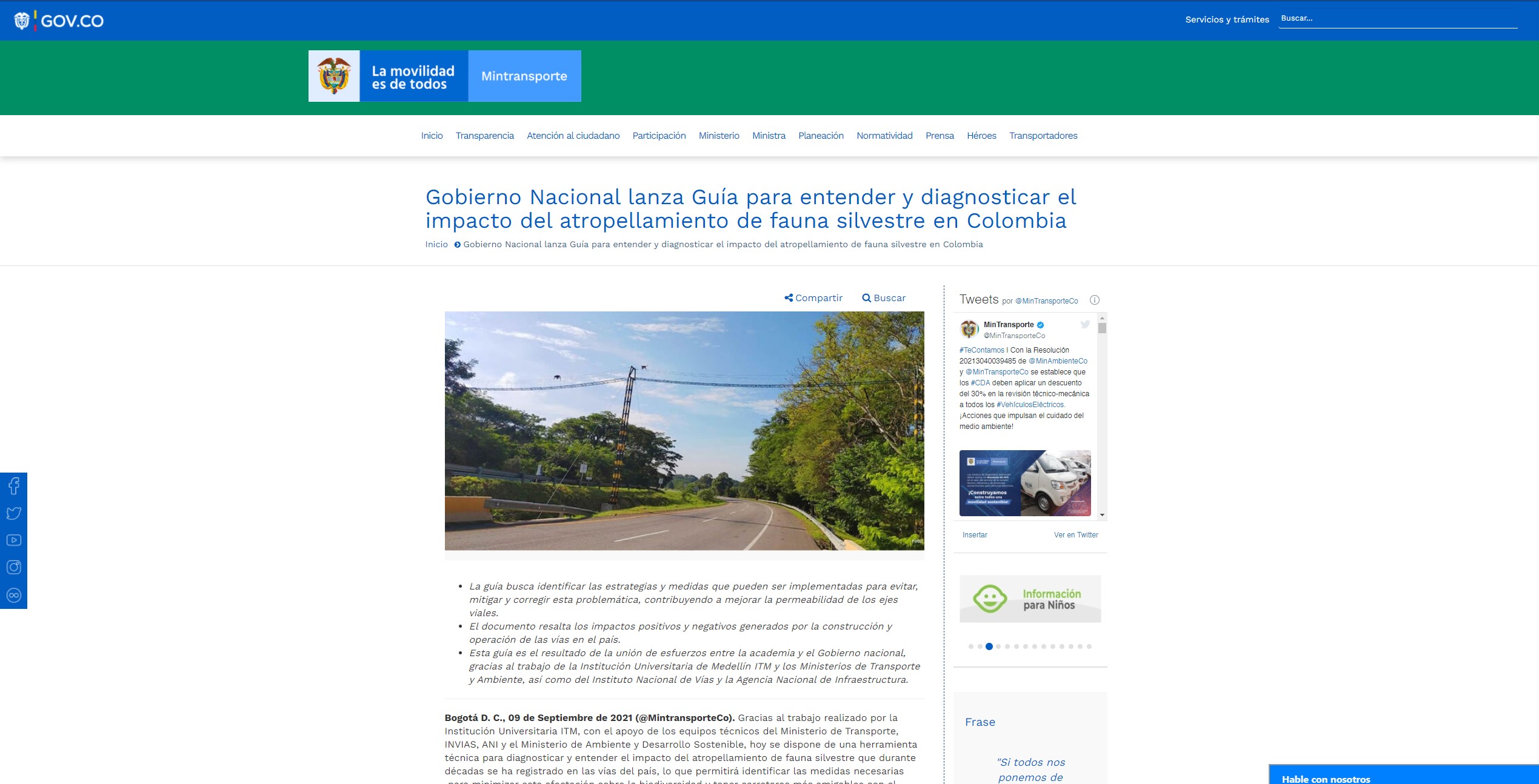Captura de pantalla del sitio web de la noticia