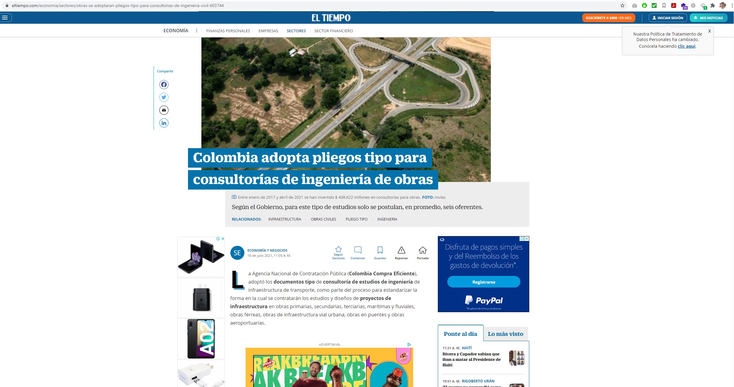 Captura de pantalla del sitio web de la noticia