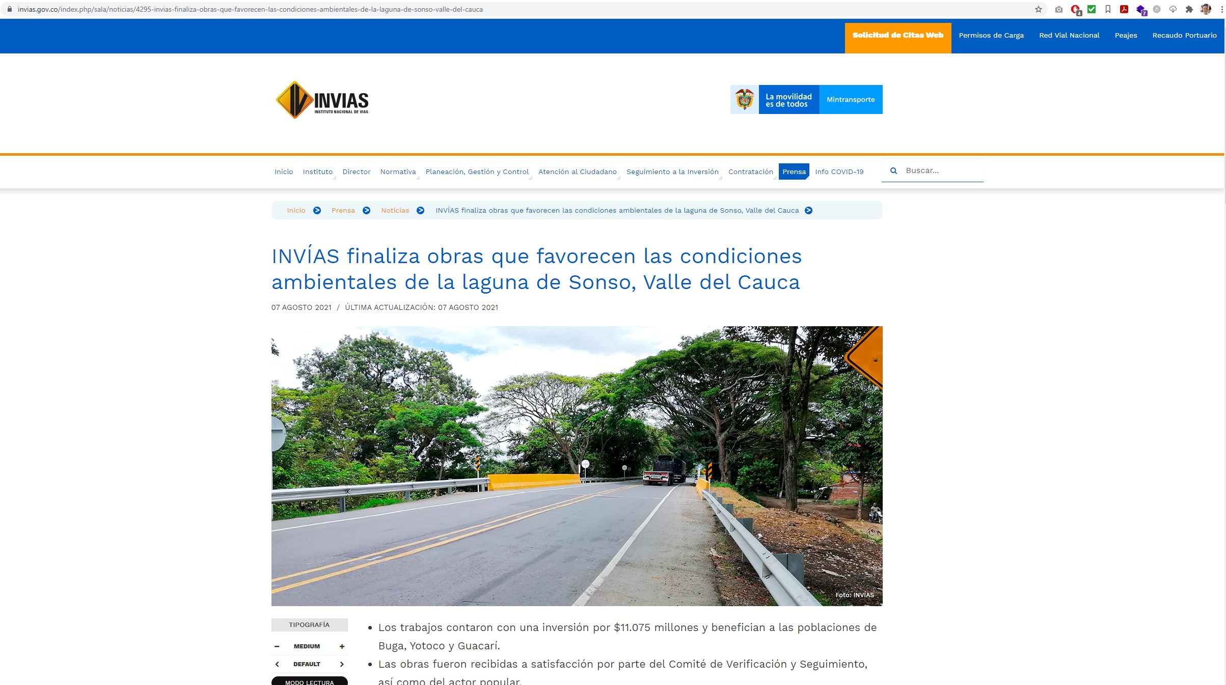 Captura de pantalla del sitio web de la noticia