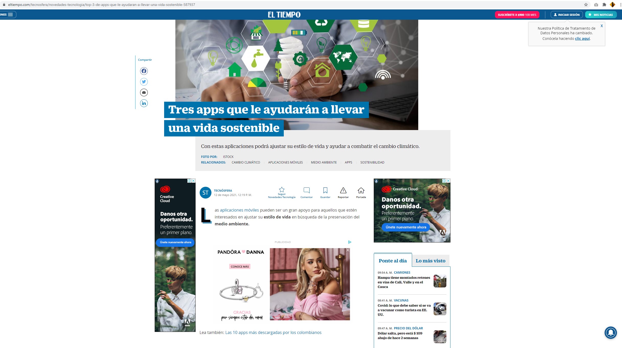 Captura de pantalla del sitio web de la noticia