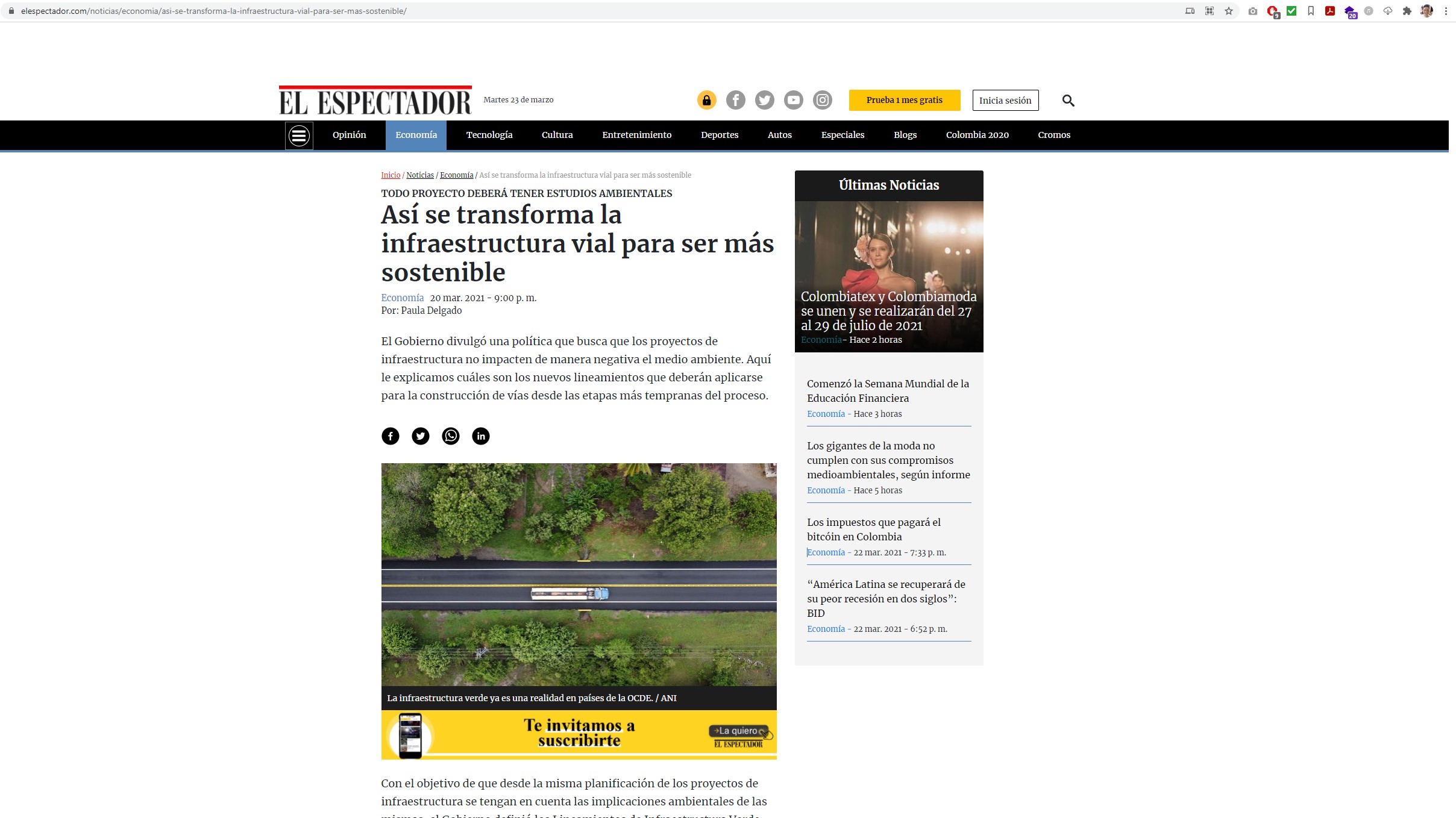 Captura de pantalla del sitio web de la noticia