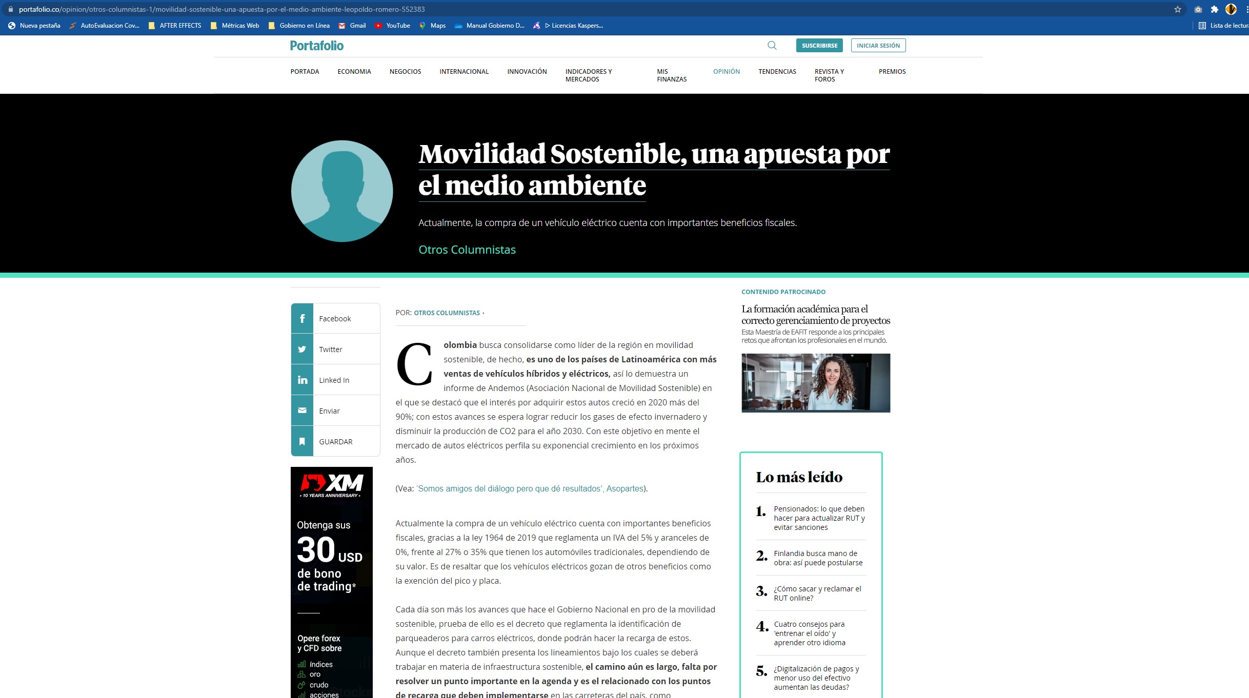 Captura de pantalla del sitio web de la noticia