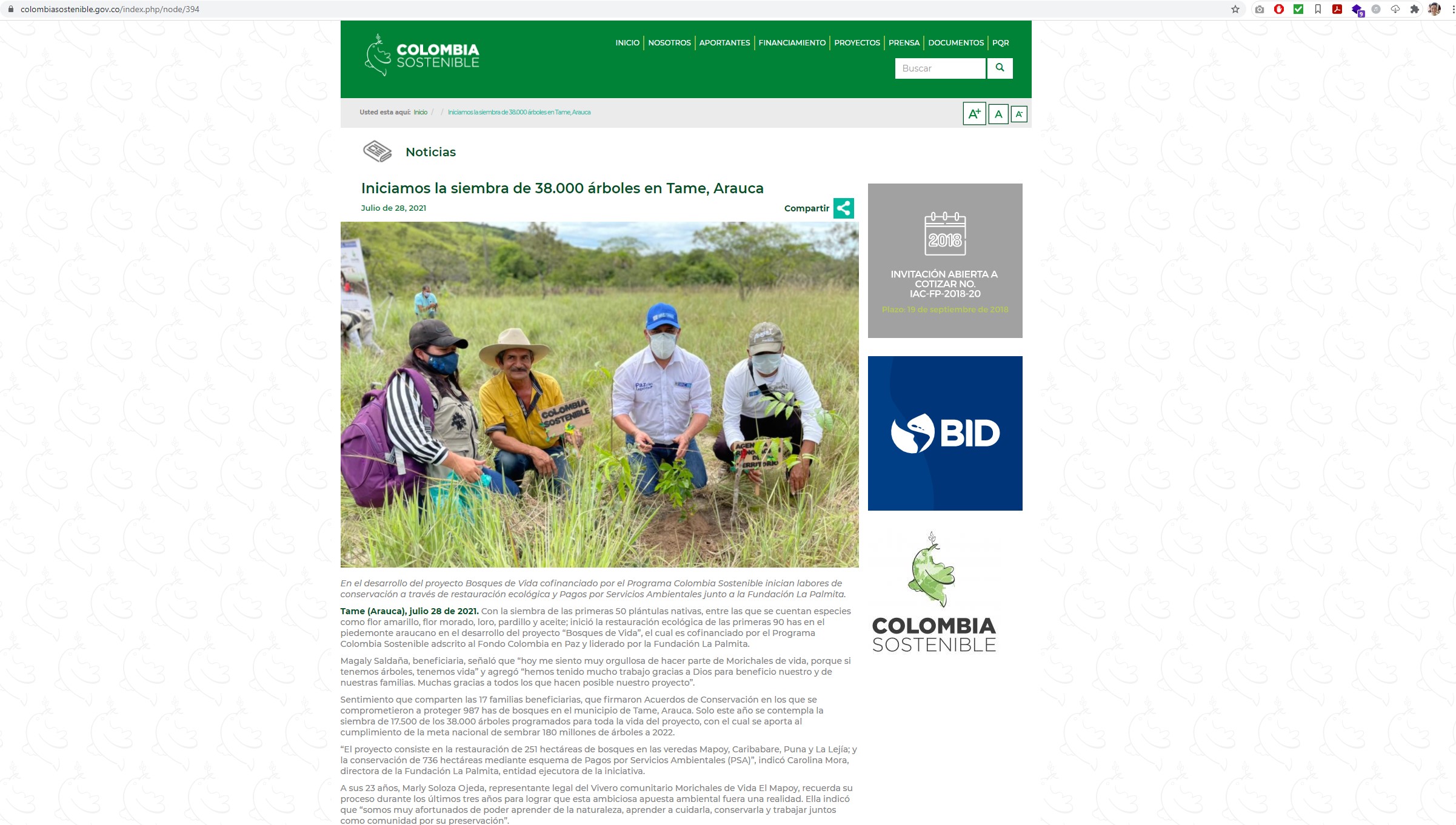 Captura de pantalla del sitio web de la noticia