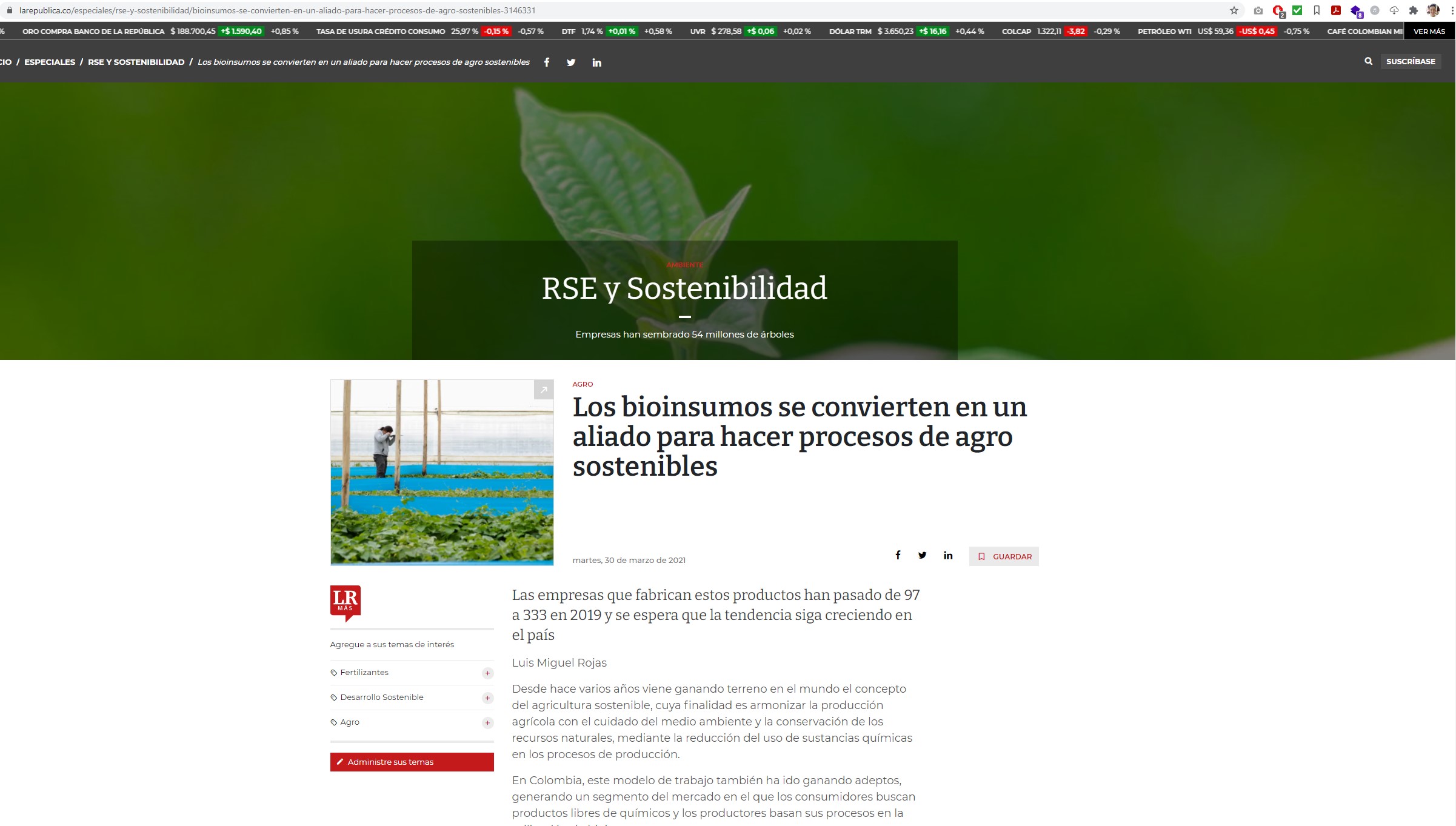 Captura de pantalla del sitio web de la noticia
