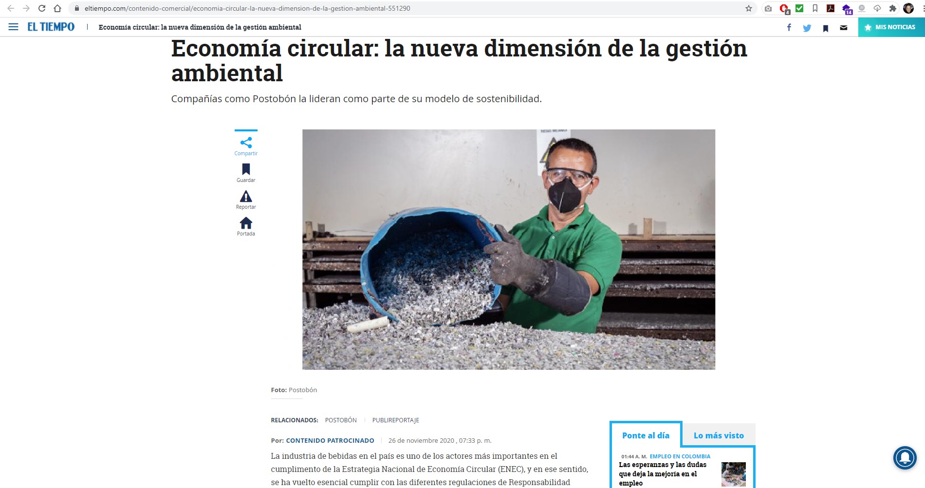 Captura de pantalla del sitio web de la noticia