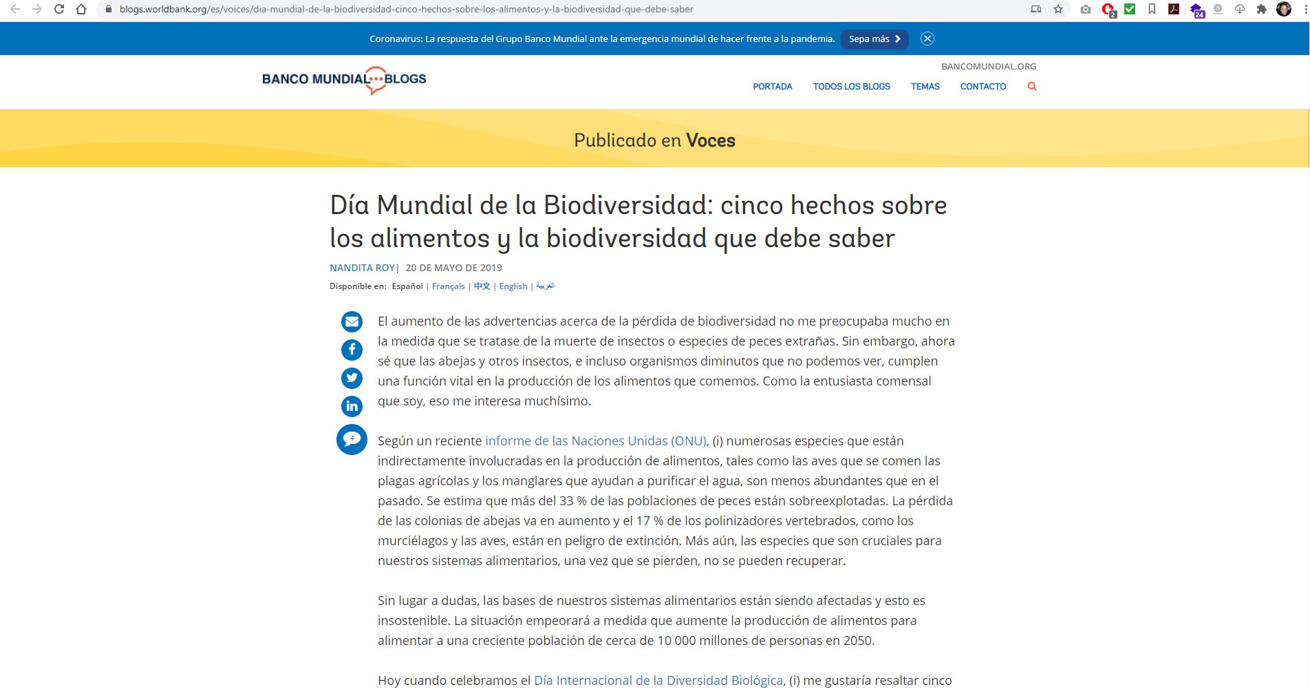 Captura de pantalla del sitio web de la noticia