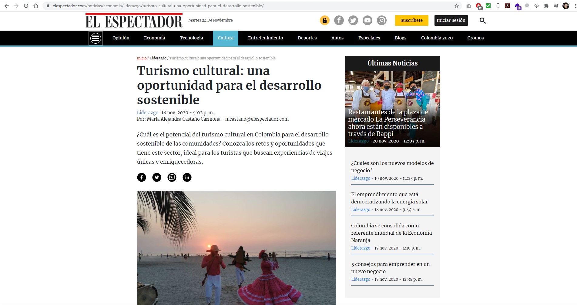Captura de pantalla del sitio web de la noticia