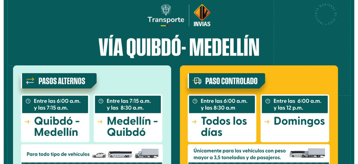 Invías modifica horario de tránsito prioritario en el kilómetro 36 de la vía Medellín- Quibdó