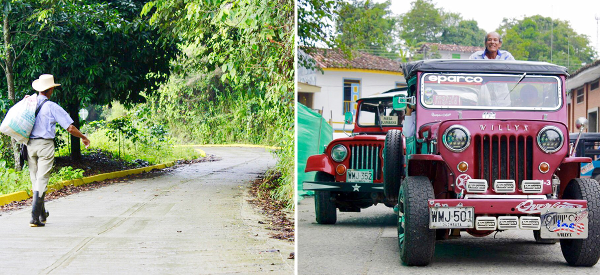 Fotografías de campesino en la vía cargando un bulto al hombro y otros en los vehículos Willys.