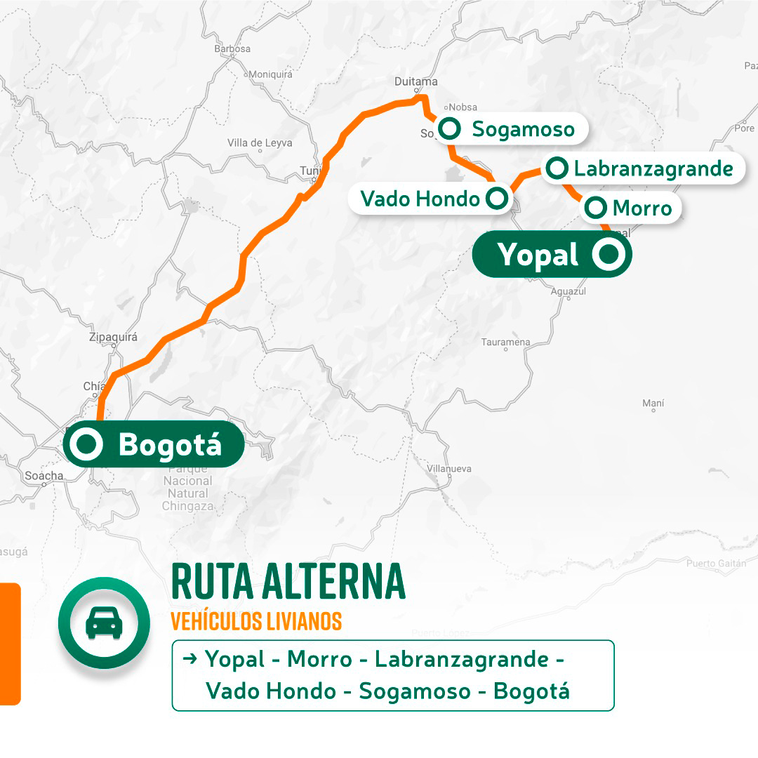 Ilustración de la ruta alterna No. 1 Bogotá - Yopal.