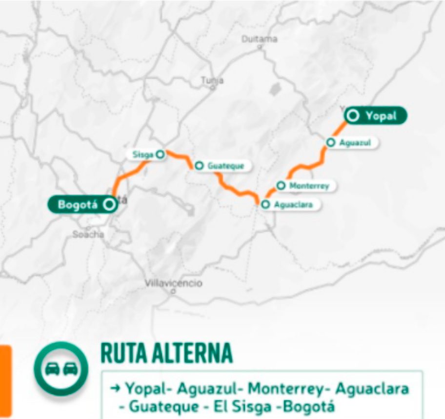 Ilustración de la ruta alterna No. 3 Bogotá - Yopal.