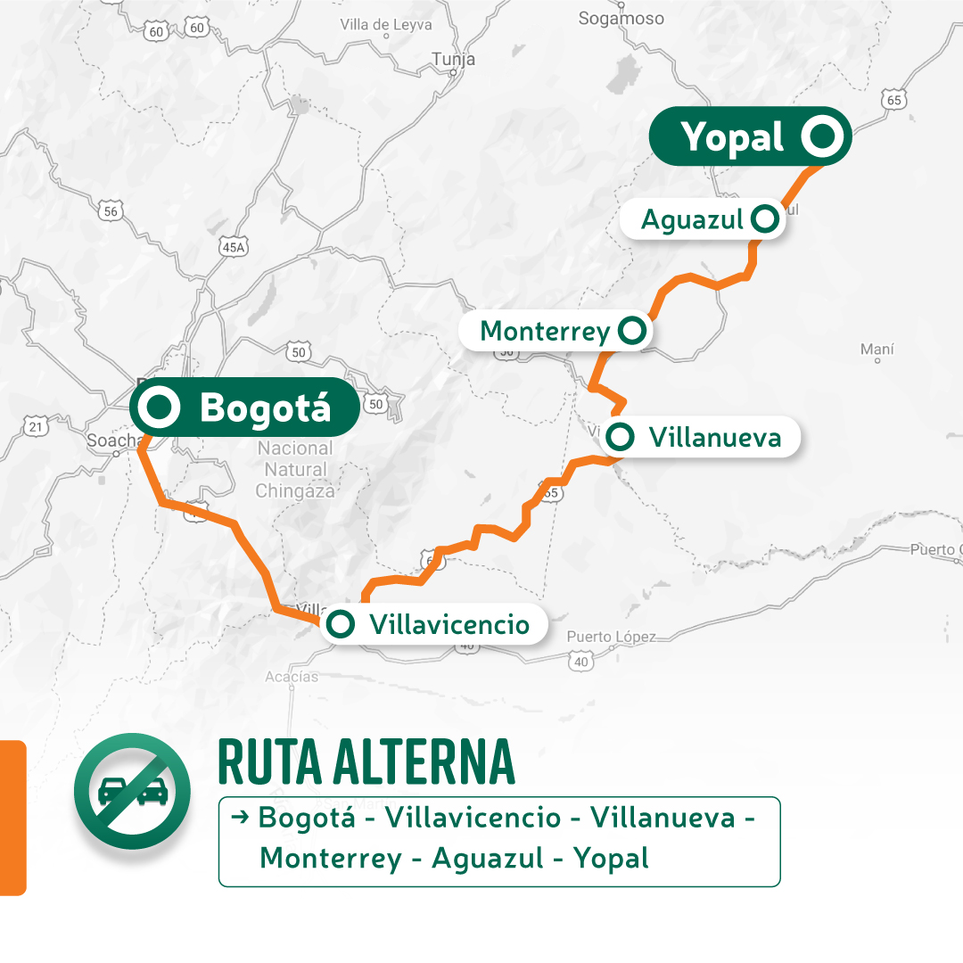 Ilustración de la ruta alterna No. 2 Bogotá - Yopal.