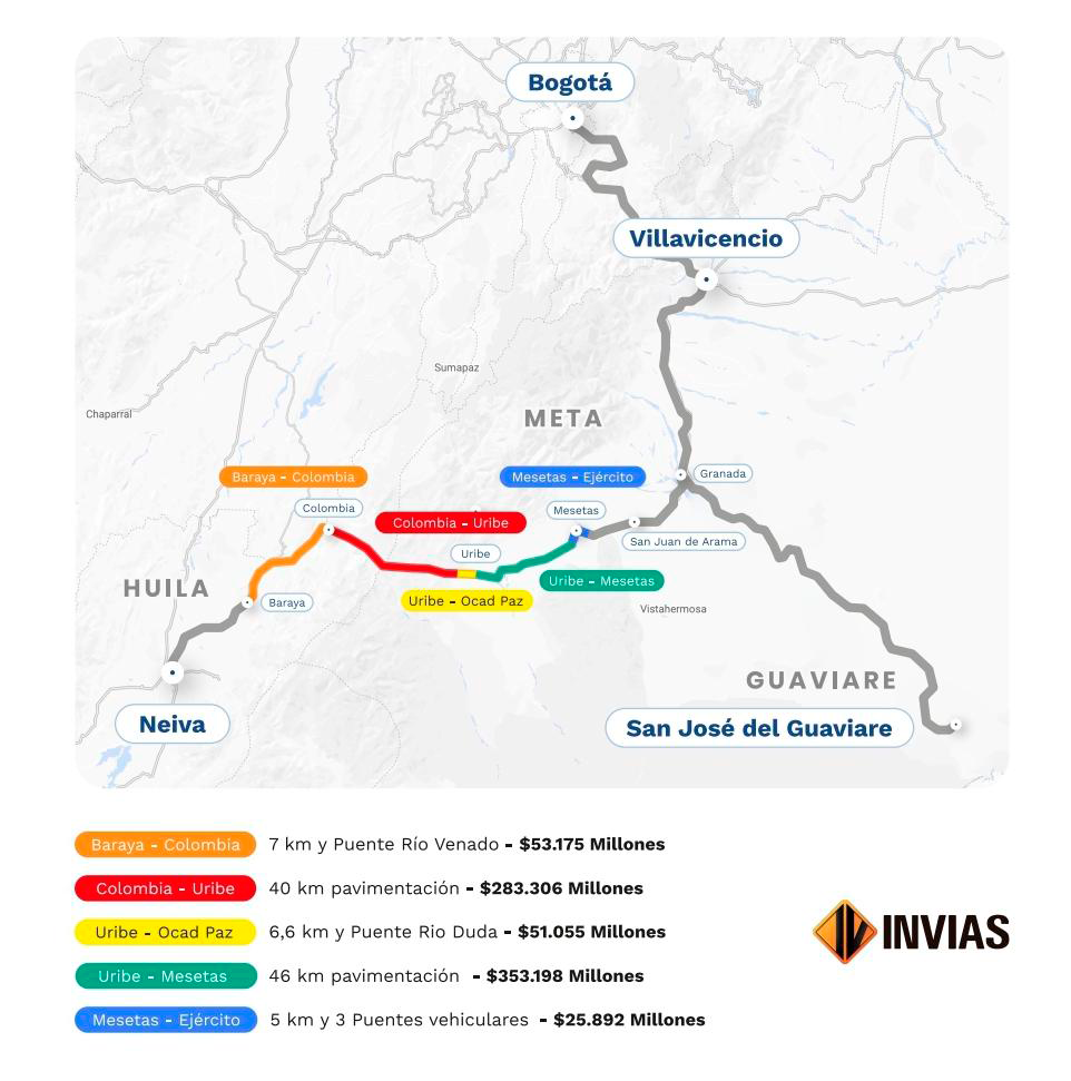 Ilustración del mapa de las obras que componen la vía Mesetas - Uribe.