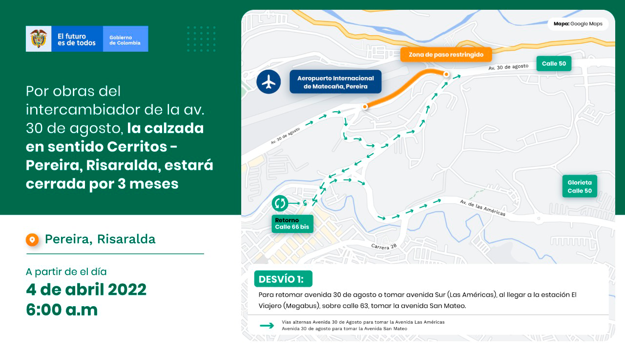 Ilustración del desvio 1 en la vía Pereira - Risaralda.