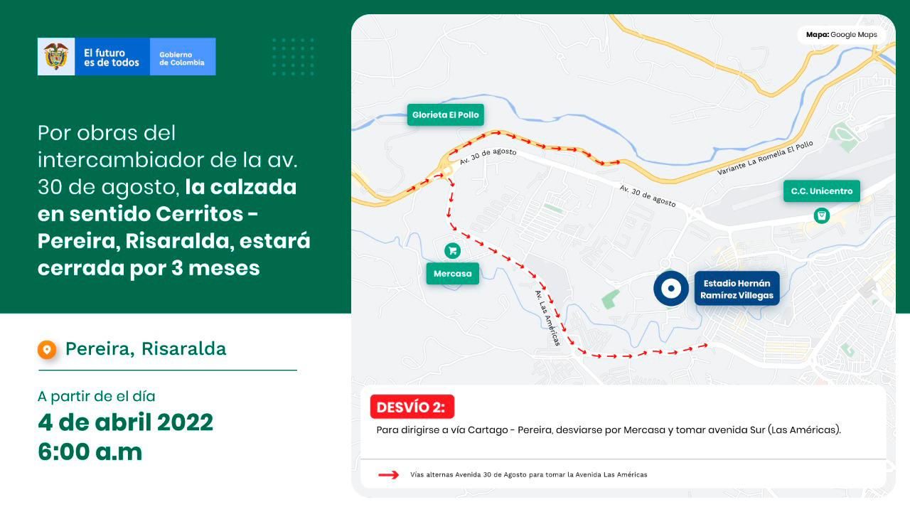 Ilustración del desvio 2 en la vía Pereira - Risaralda.