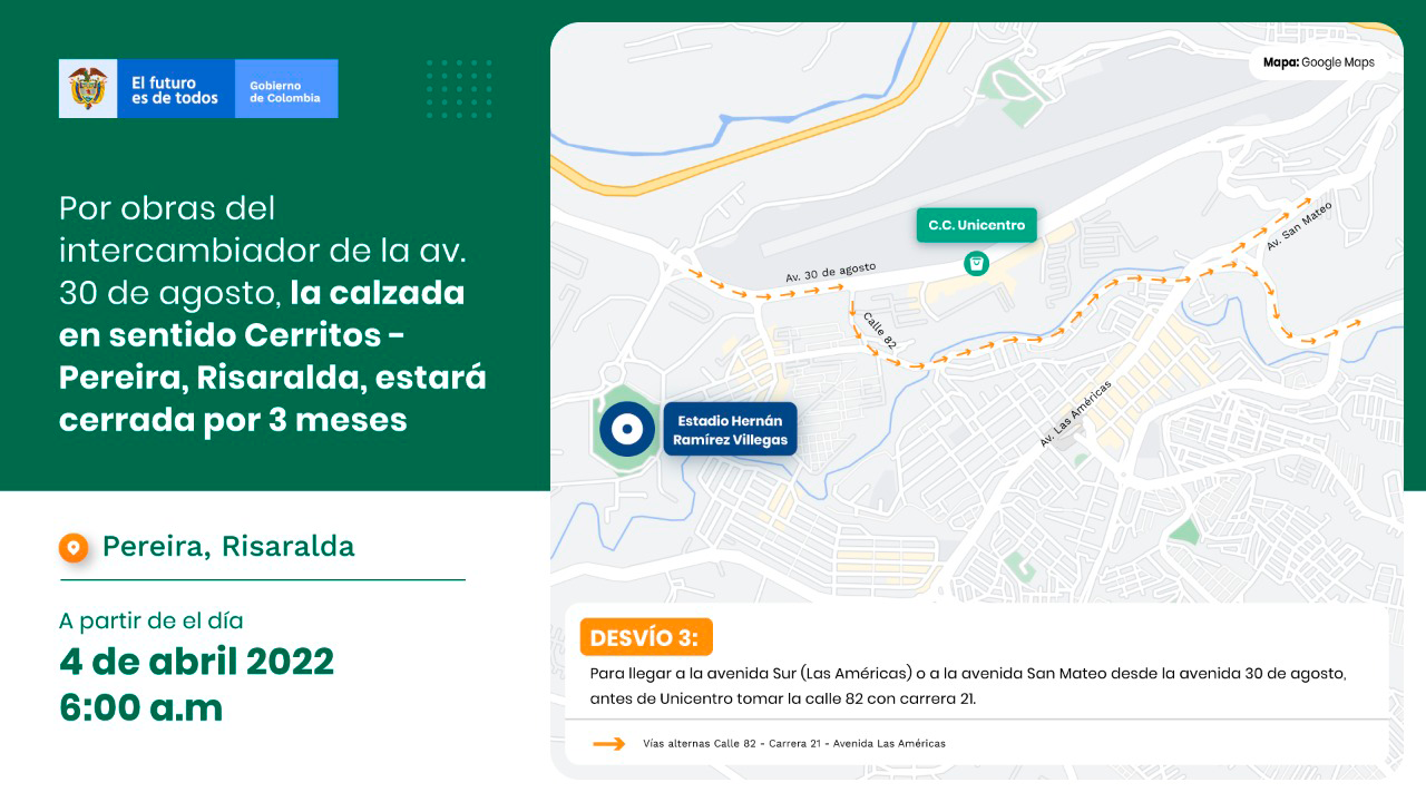 Ilustración del desvio 3 en la vía Pereira - Risaralda.