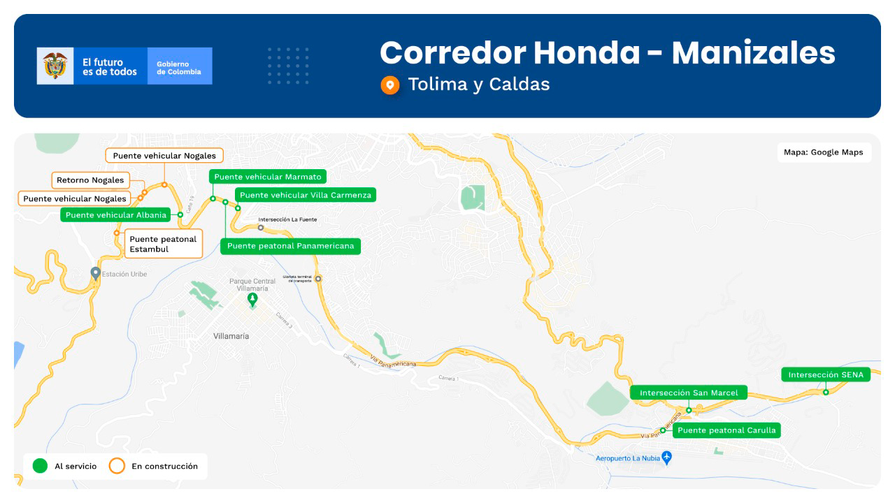 Ilustración del mapa del corredor Honda - Manizales.