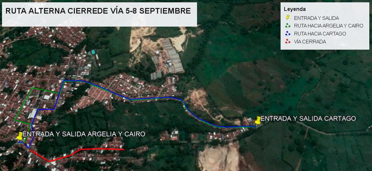 Ilustración tomada de Google Maps y editada con la señalización de las vías del corredor Ansermanuevo - Cartago, Valle del Cauca.