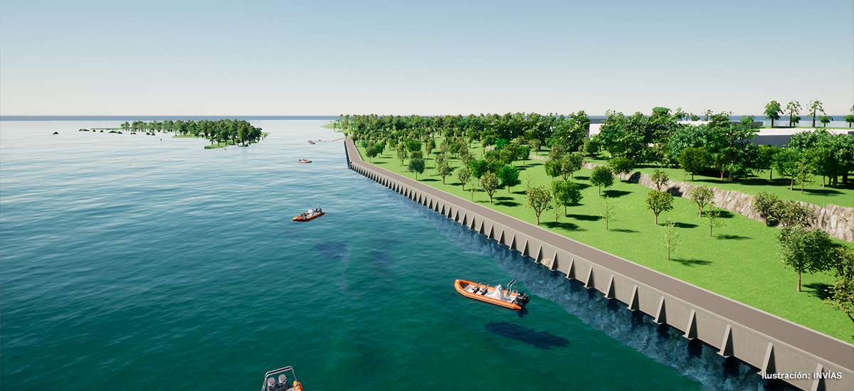Ilustración del muro de contención que inició su construcción en Puerto Nariño, Amazonas.