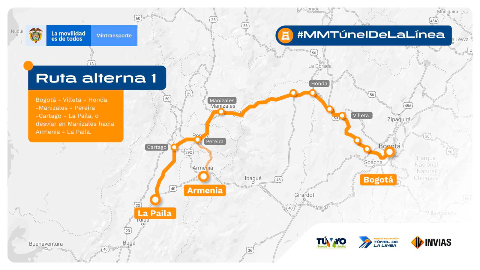 Ilustración del mapa de la vía alterna No. 1 Bogotá - Armenia - La Paila de la Media Maratón Túnel de La Línea. 