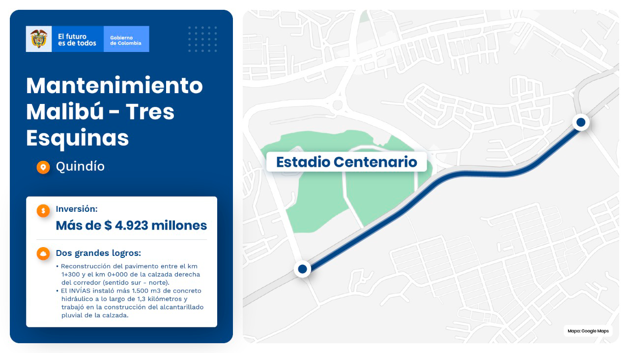 Ilustración del mapa de obras de mantenimiento en el corredor Malibú - Tres Esquinas.