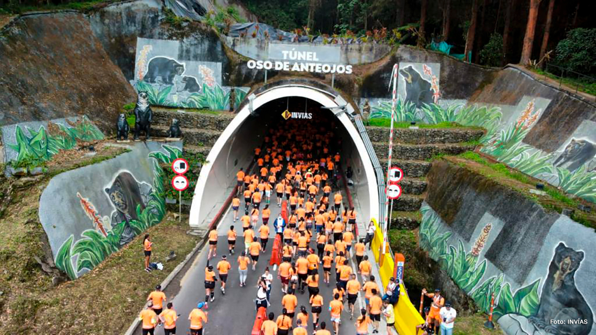Fotografía de corredores durante la Media Maratón Túnel de La Línea atravesando la entrada del túnel Oso de Anteojos del Cruce de la Cordillera Central.