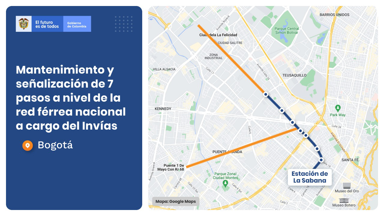 Ilustración del mapa de mantenimiento a las vías férreas a cargo del INVÍAS.