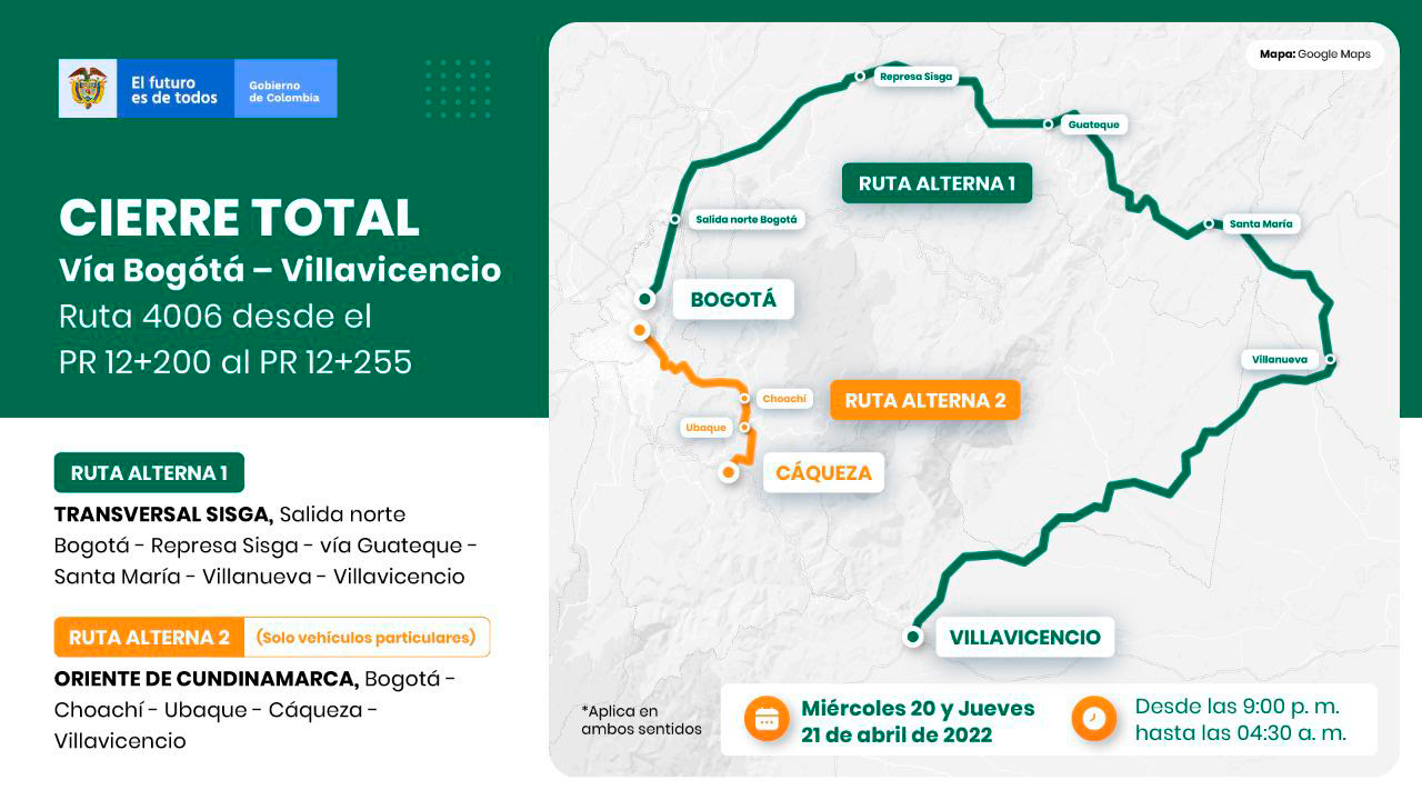 Ilustración del mapa cierre total de la vía Bogotá - Villavicencio.