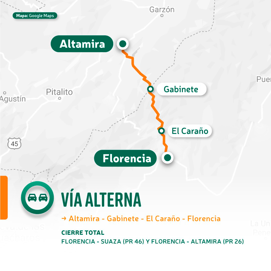 Ilustración del mapa de la vía alterna Altamira - Florencia.