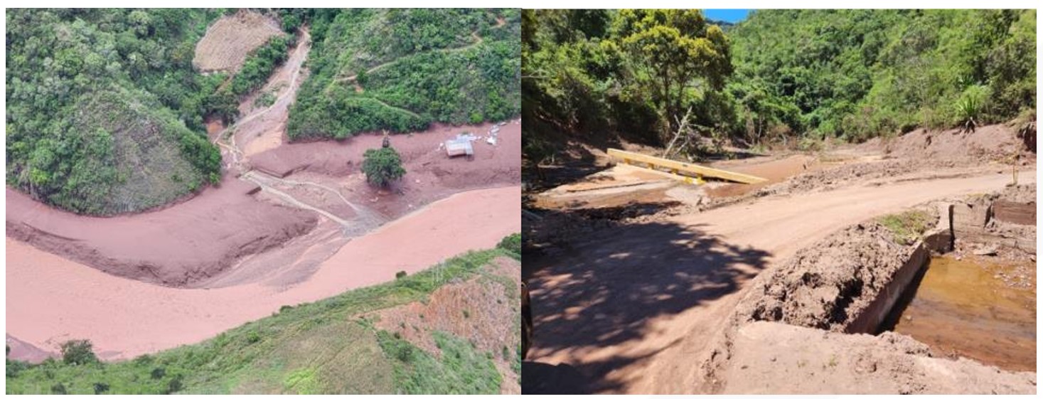 Fotografías del antes y después del km 47 + 500 al km 48, sector El Paramillo. Afectación de 500 ml de vía y de un puente de 14 ml.