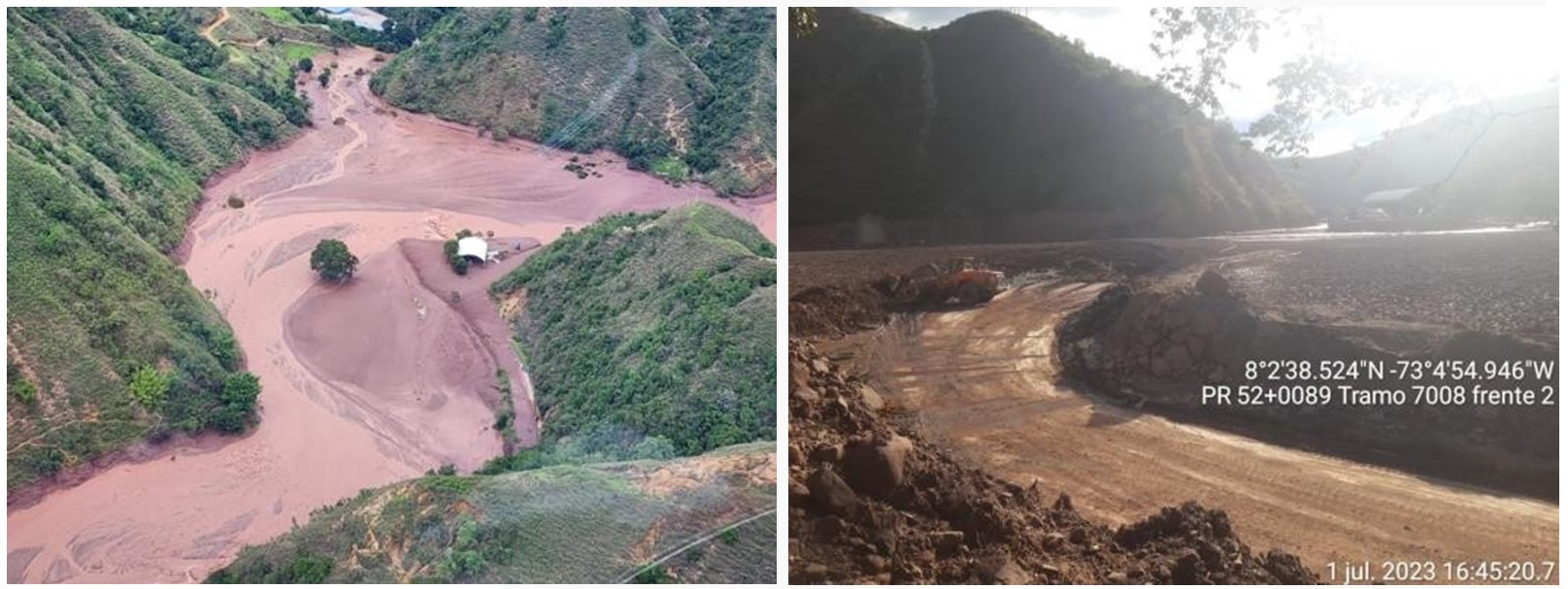 Fotografías del antes y después del km 51 +920, sector El Tarrita. Afectación de 1.000 ml de vía y de un puente de 60 ml.