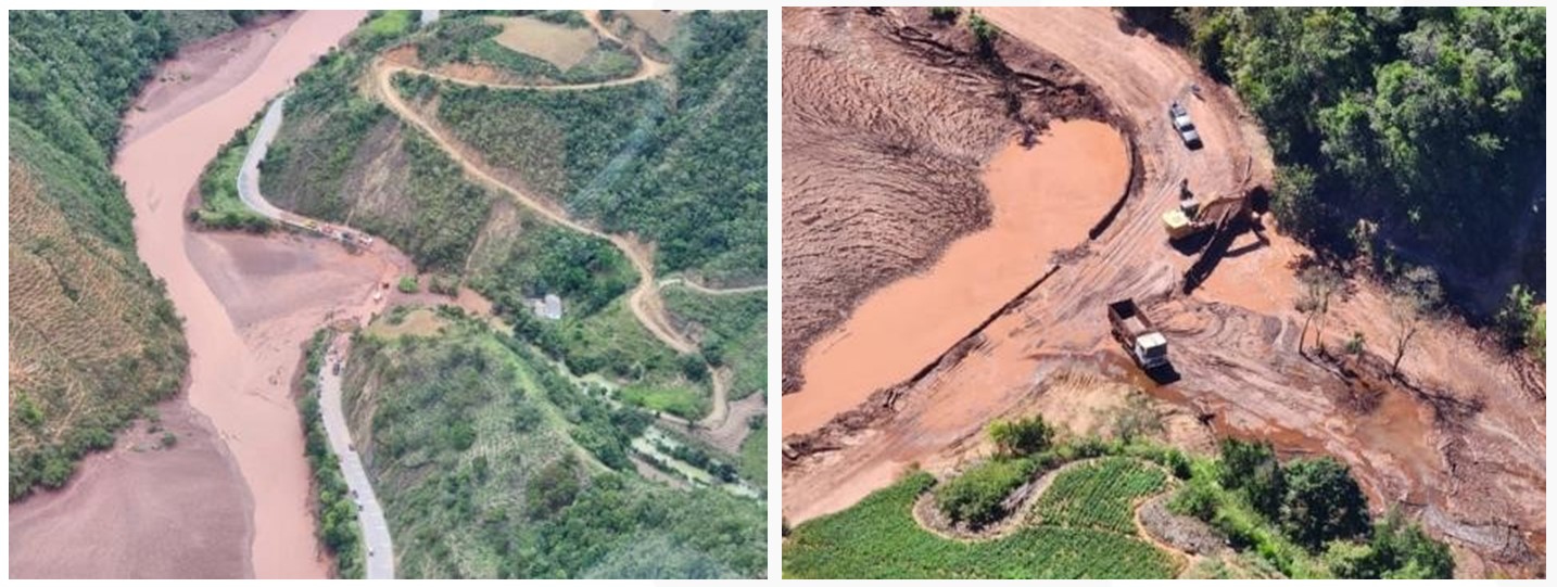 Fotografías del antes y después del km 47 + 296, sector El Turco. Afectación de 300 ml y de un puente de 11 ml.
