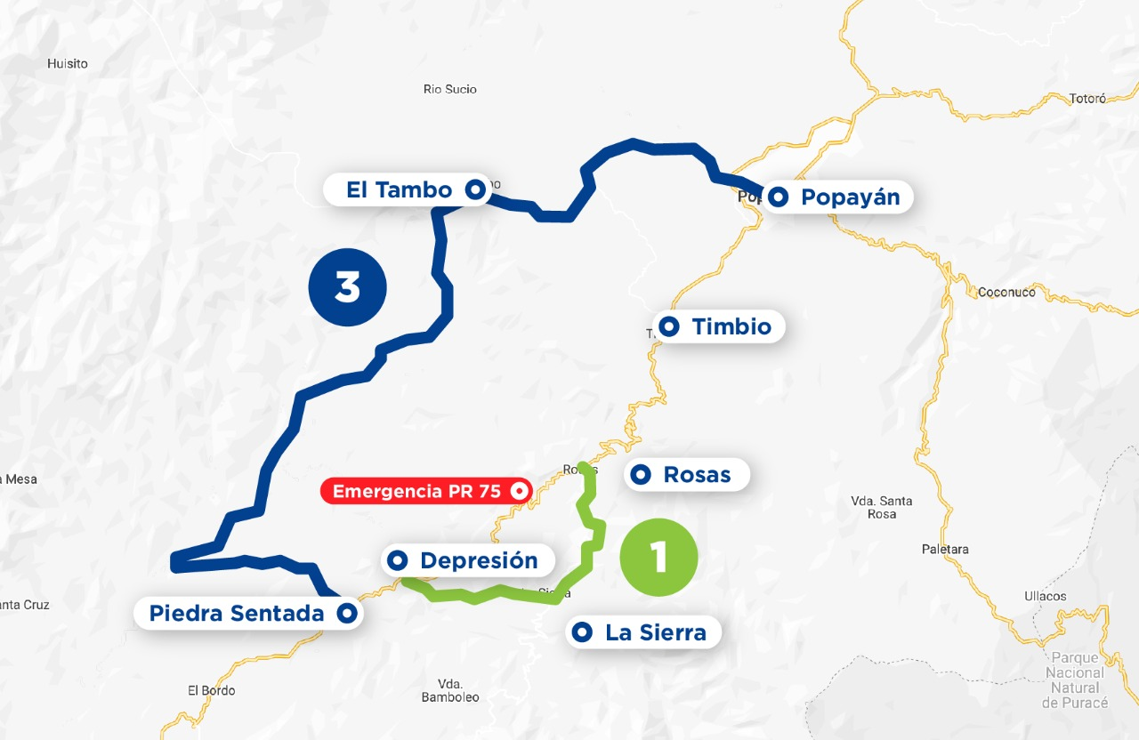 Ilustración del mapa de la vía depresión Rosas - Piedra Sentada - Popayán.