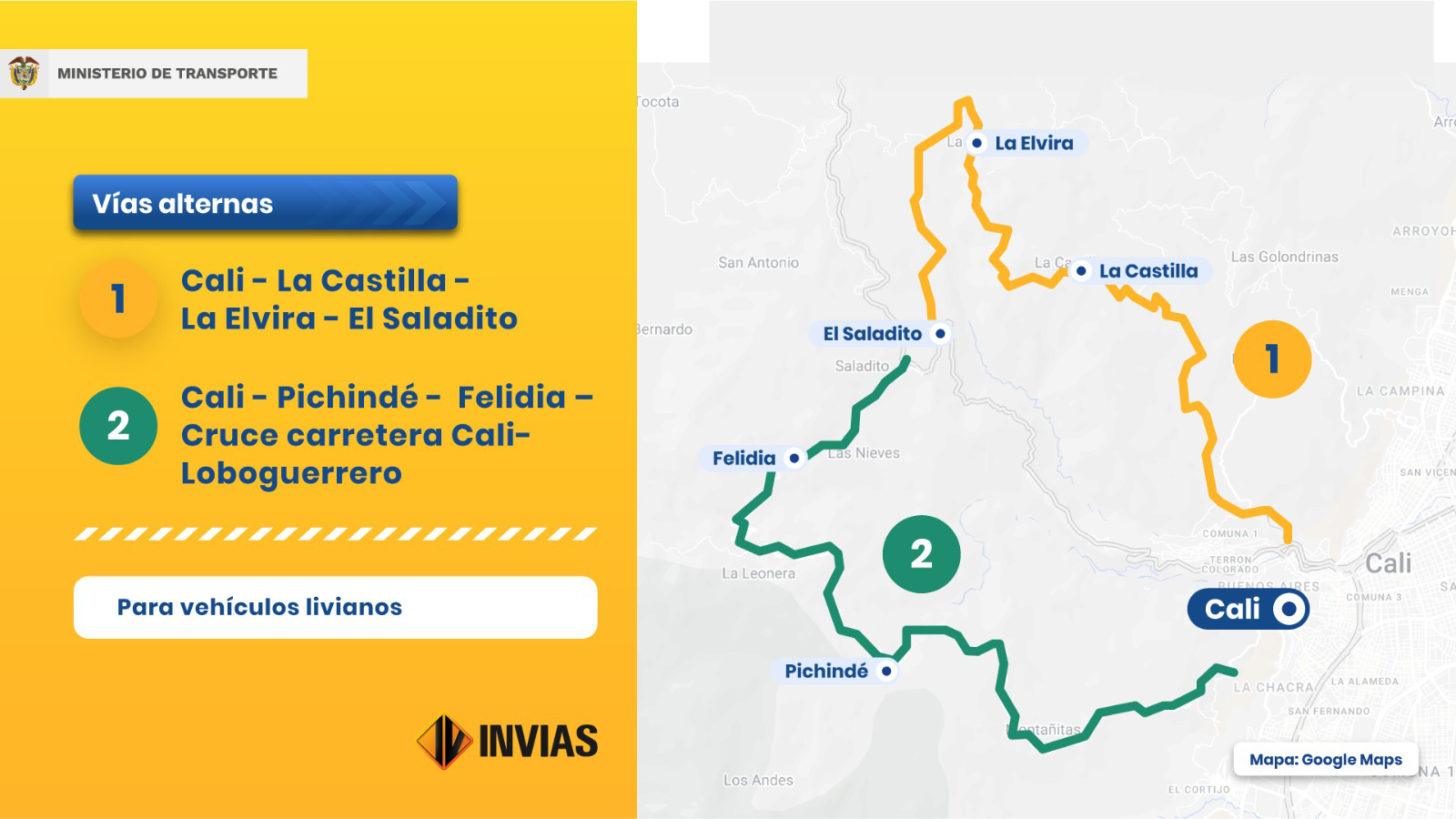 Ilustración del mapa de vías alternas para tráfico liviano Cali - El Saladito y Cali - Loboguerrero.