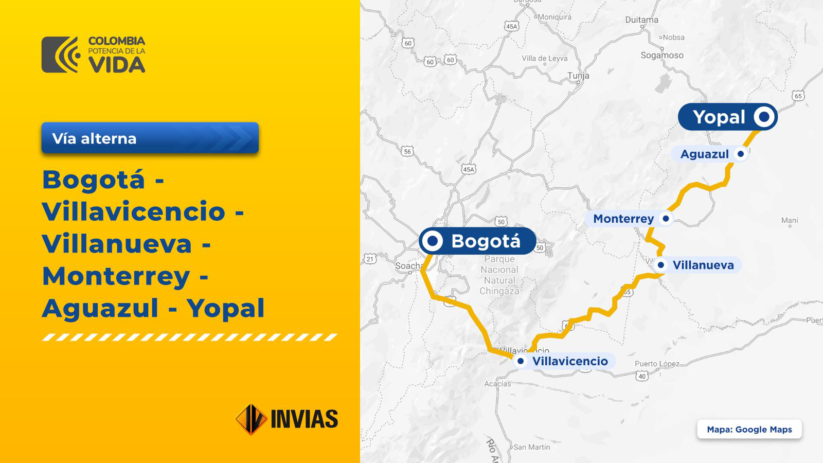 Ilustración de la ficha que contiene el mapa de la vía alterna Bogotá - Yopal.