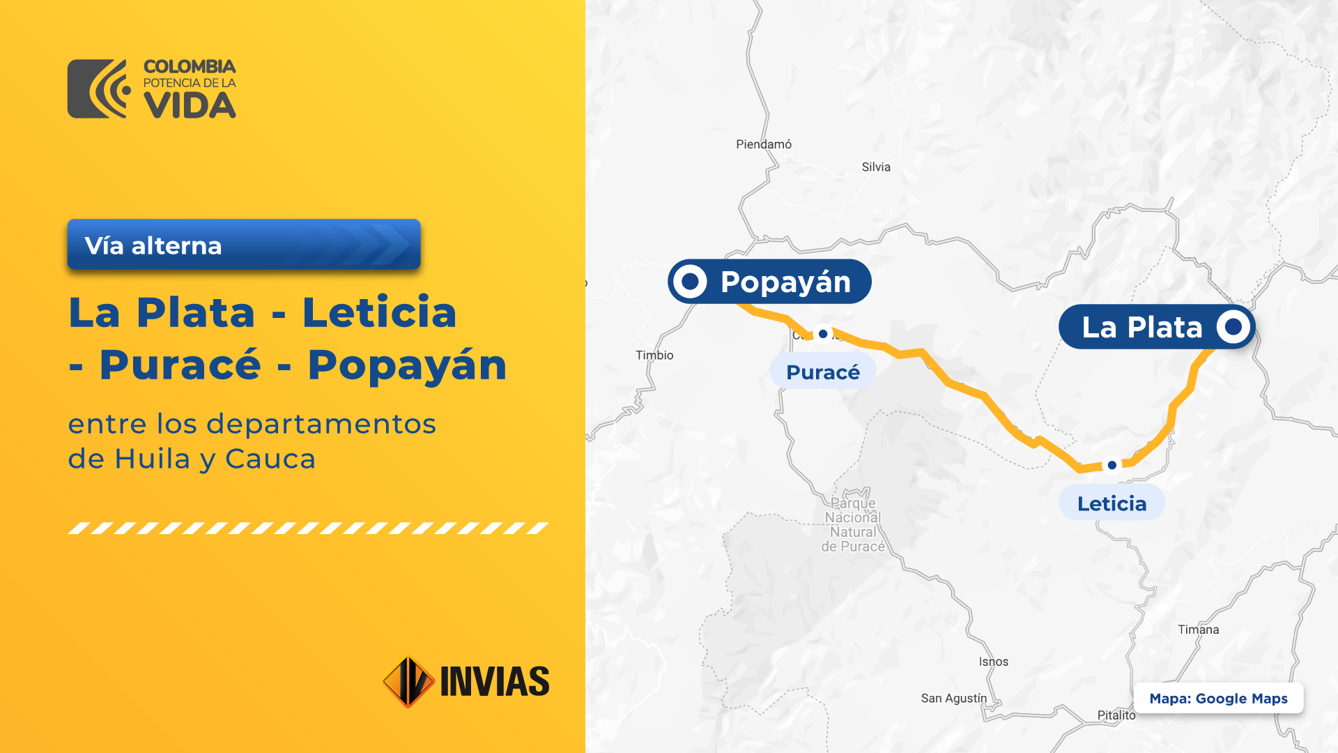 Ilustración que contiene la ficha del mapa de la vía La Plata - Popayán.