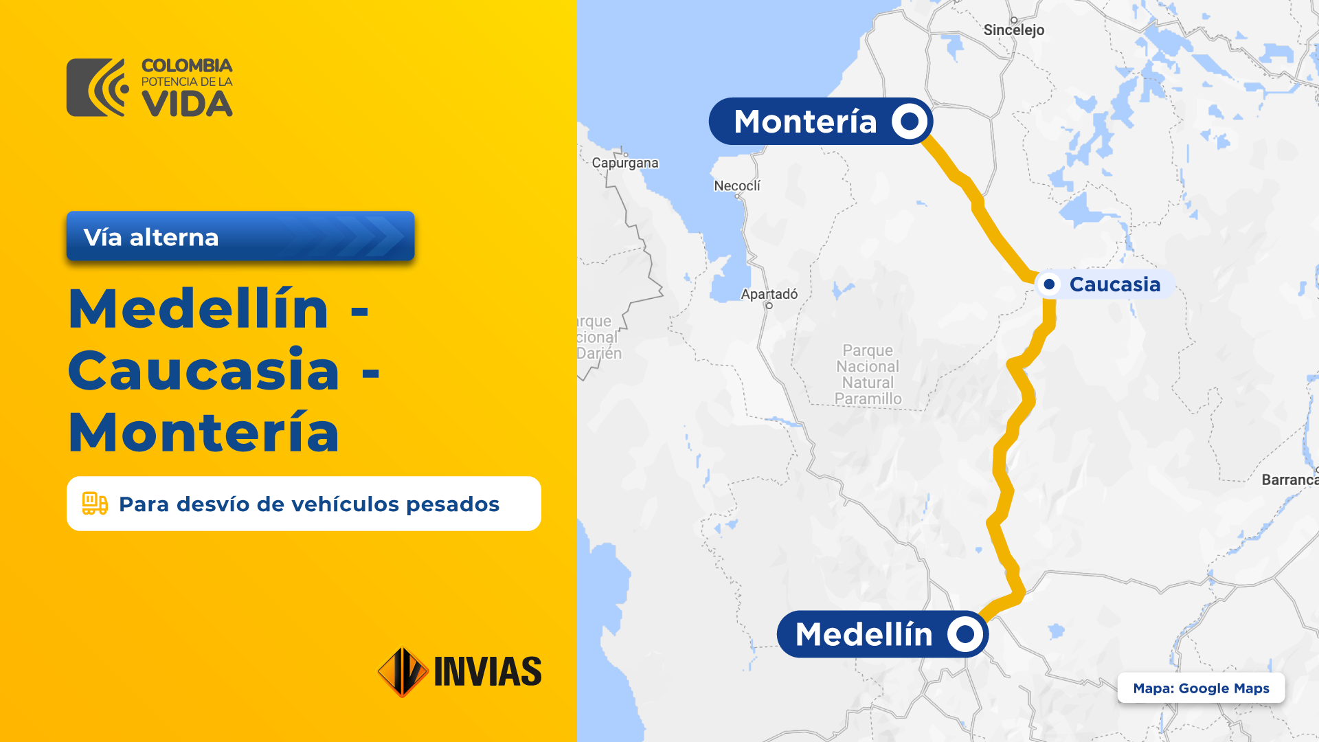 Ilustración que contiene la ficha y el mapa de la vía alterna Medellín - Caucasia - Montería.