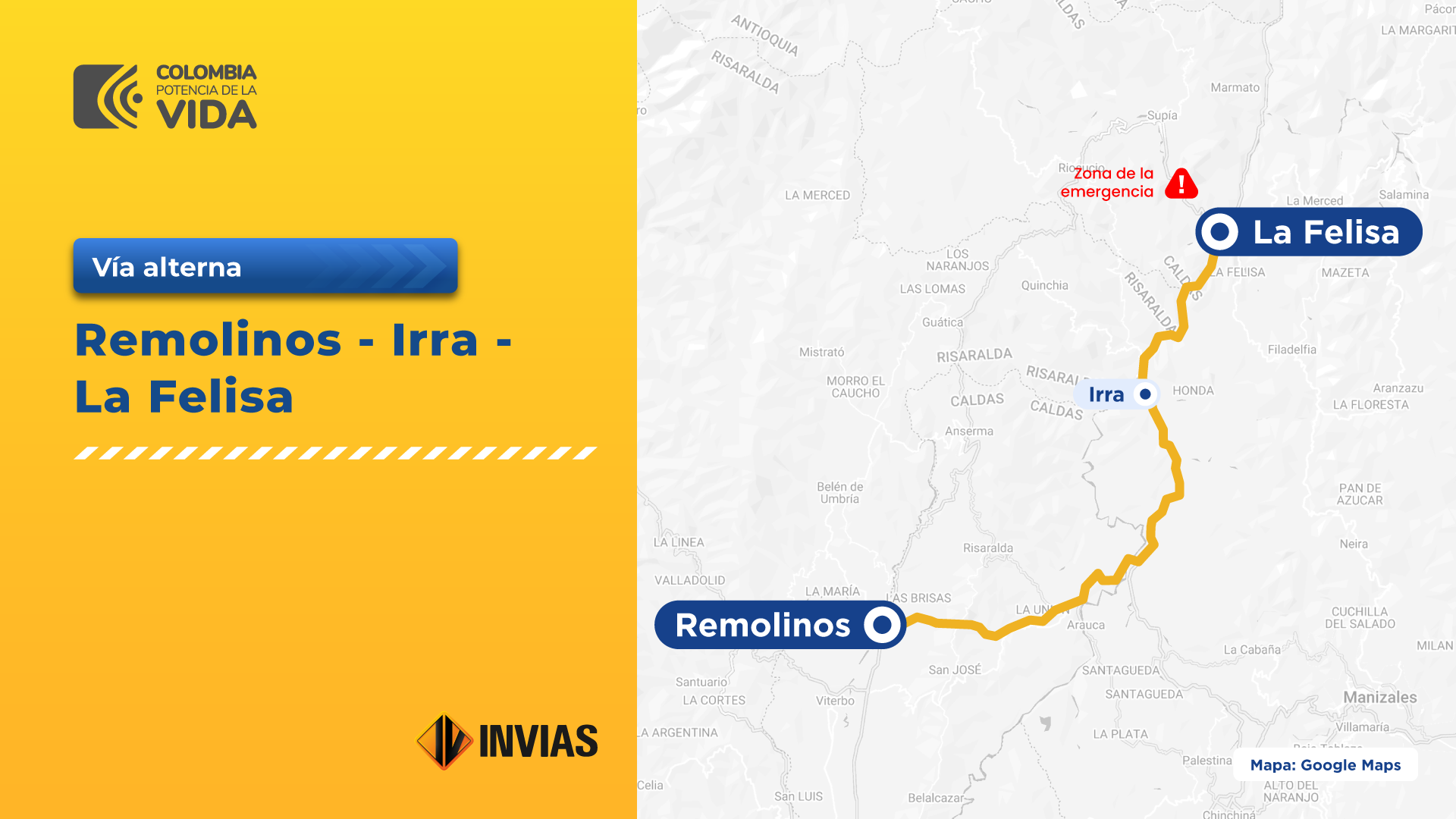 Ilustración que contiene la ficha del mapa de la vía alterna Remolinos - La Felisa.