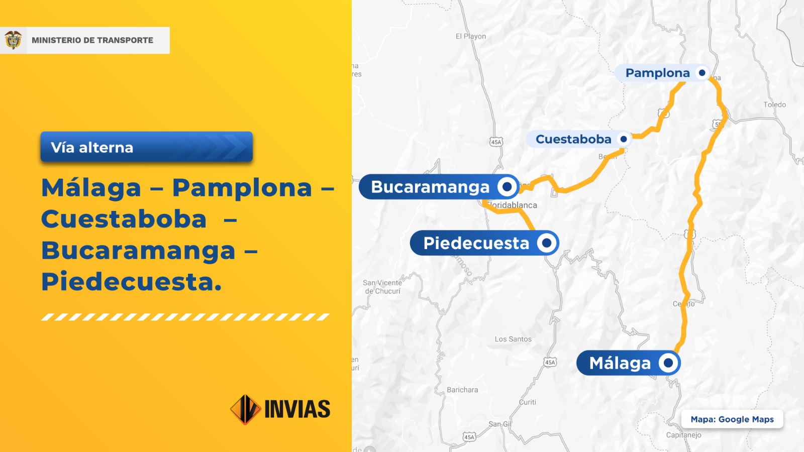 Ilustración de la ficha que contiene el mapa de la vía alterna Málaga - Piedecuesta.