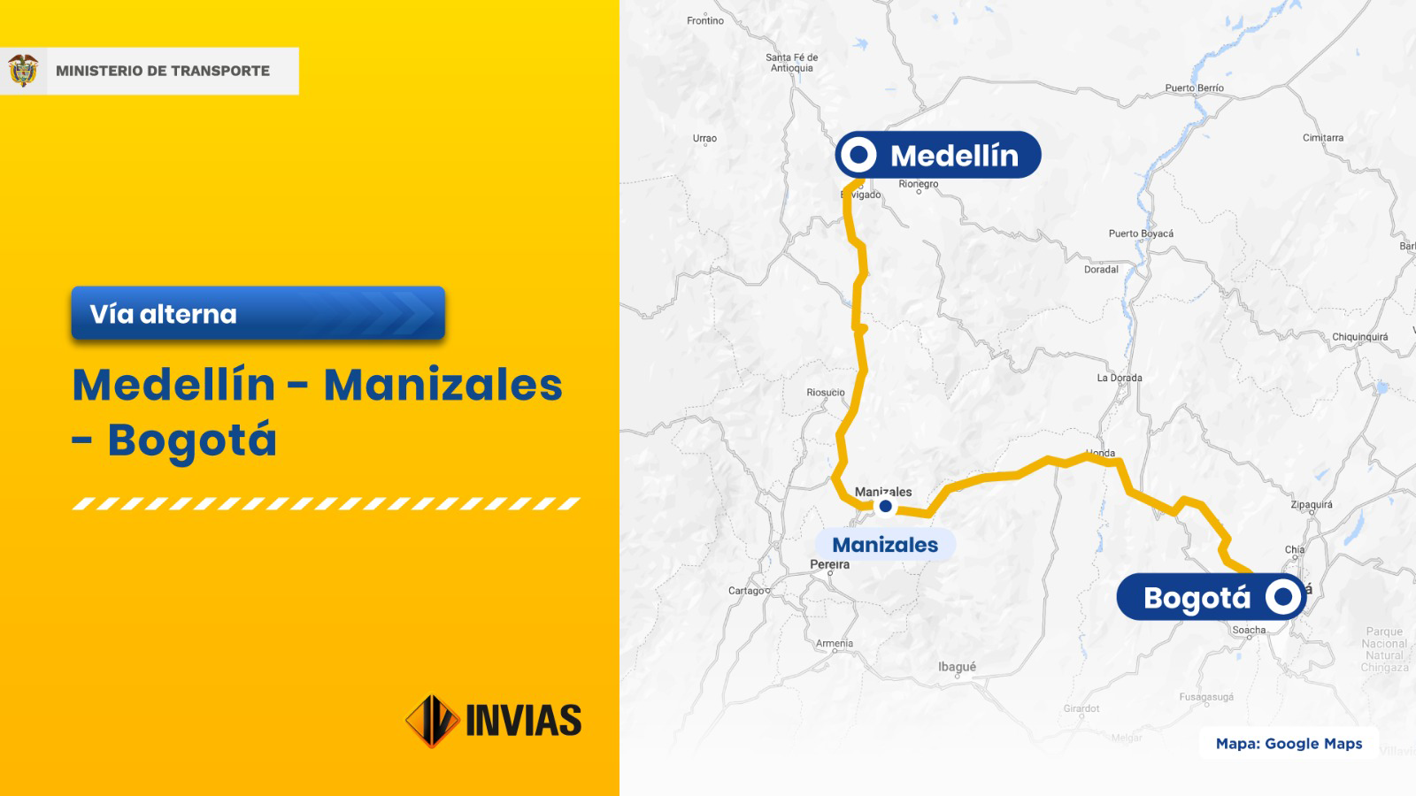 Ilustración del mapa de la vía alterna Medellín - Bogotá.