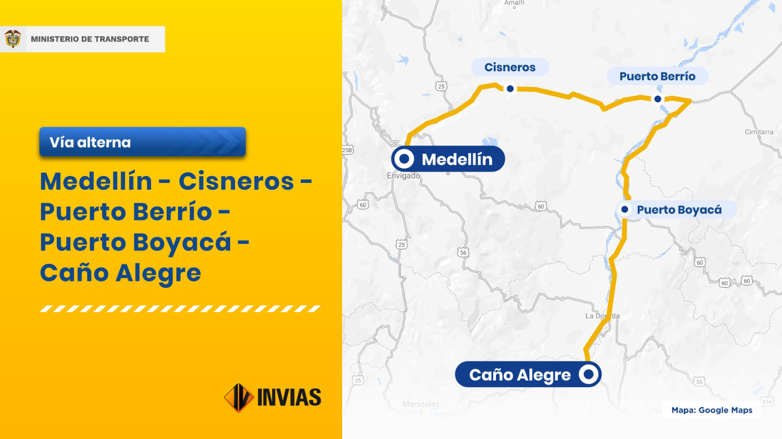 Ilustración con el mapa de la vía alterna Medellín - Caño Alegre.