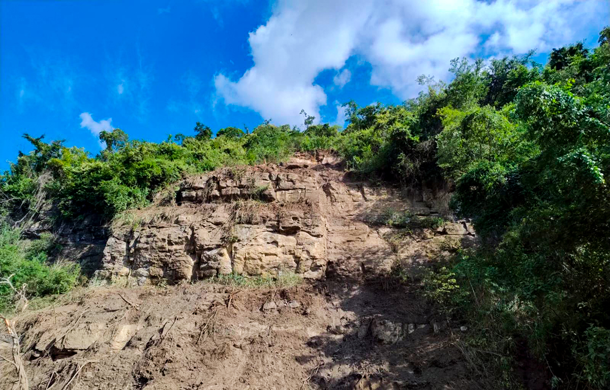 Fotografía de montaña en la que hubo desprendimiento de sedimentos en el km 117, sector El Raizón, de la vía Puente Nacional - San Gil.