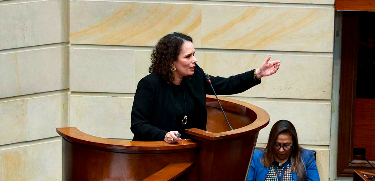 Fotografía de la ministra de Transporte, María Constanza García Alicastro durante el debate de control político en la plenaria del Senado de la República sobre la Contribución Nacional de Valorización.
