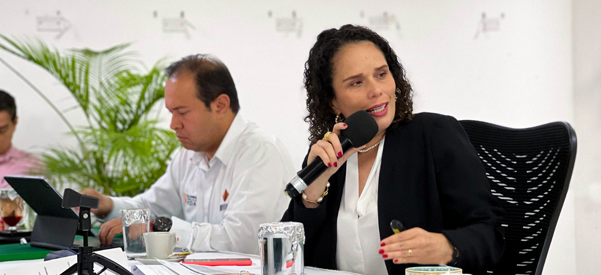 Fotografía de la viceministra de Infraestructura, María Constanza García Alicastro junto al Subdirector de Ejecución y Operación del INVÍAS, Juan José Oyuela durante la presentación de la hoja de ruta en proyectos de movilidad e infraestructura en el Huila.