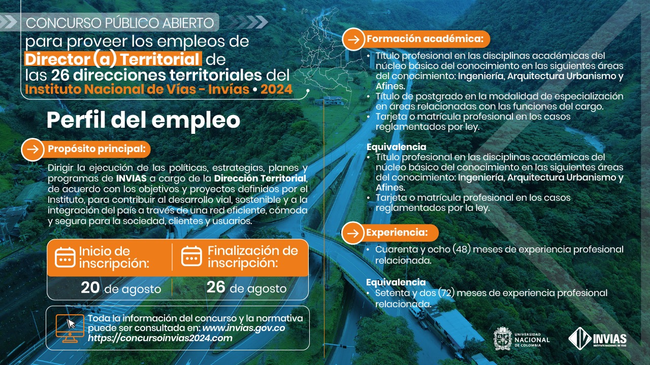 Ilustración que contiene información sobre las inscripciones del Concurso público abierto para la elección de 26 directores (as) Territoriales del Invías.