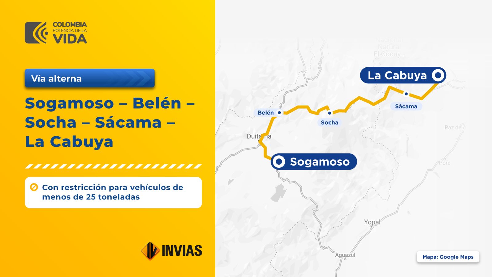 Ilustración que contiene la ficha con el mapa de la vía alterna Sogamoso - La Cabuya.