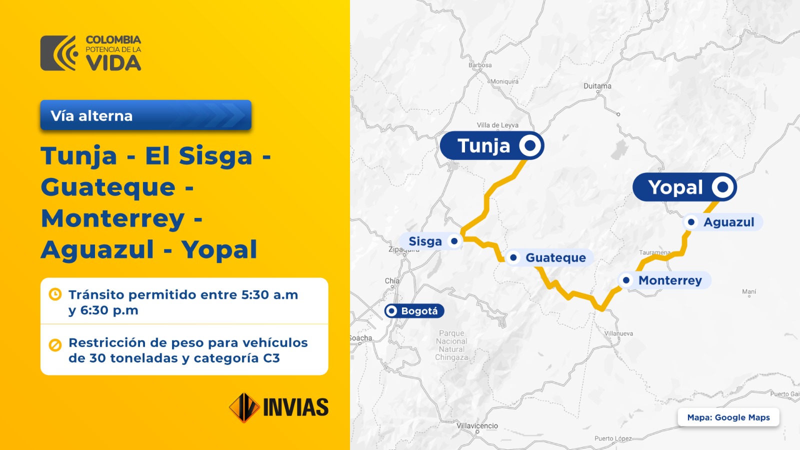 Ilustración que contiene la ficha con el mapa de la vía alterna Tunja - Yopal.