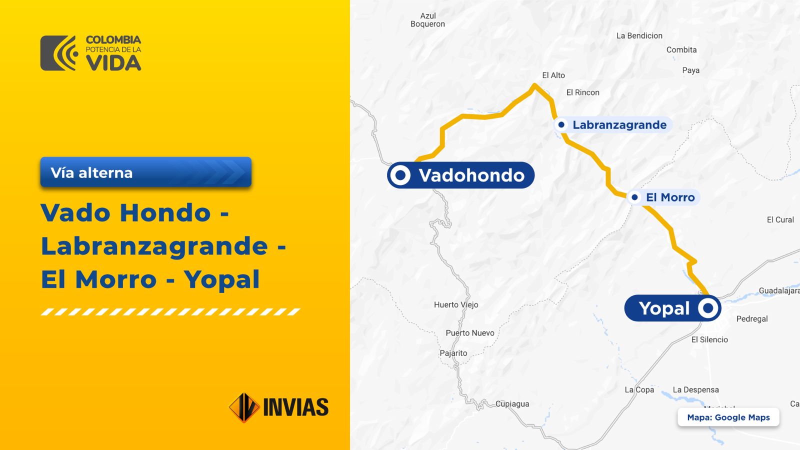 Ilustración que contiene la ficha con el mapa de la vía alterna Vado Hondo - Yopal.
